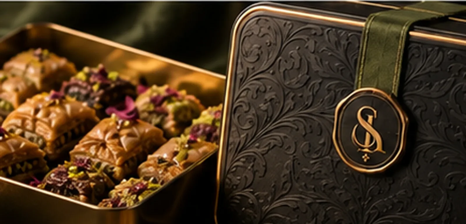 An open SUKVELA tin of pistachio baklava beside a closed embossed noir tin