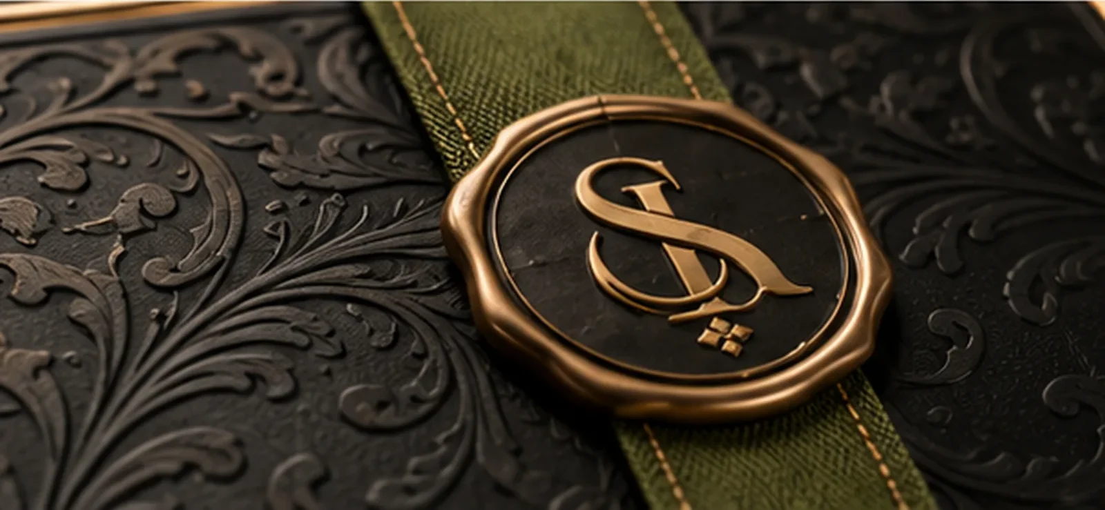 Bronze wax seal with the SUKVELA monogram on an embossed noir surface and olive ribbon